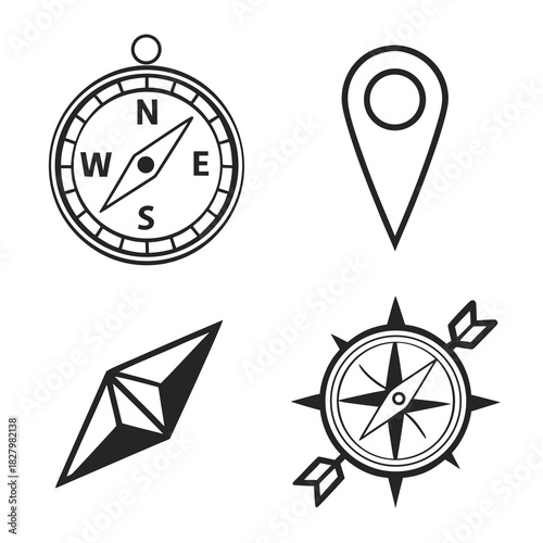 Navigation And Location Icons Set Black Line Art compass direction