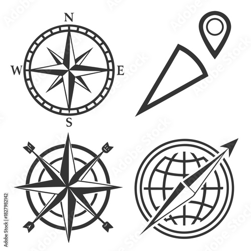 Set of four black and white navigation and map icons on white background Keywords: compass, navigation