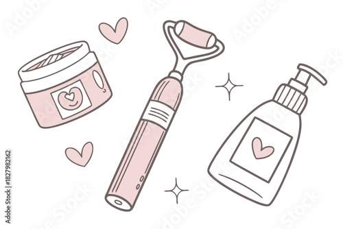 Pink Line Art of Skincare Products and Facial Roller with Hearts beauty cosmetics