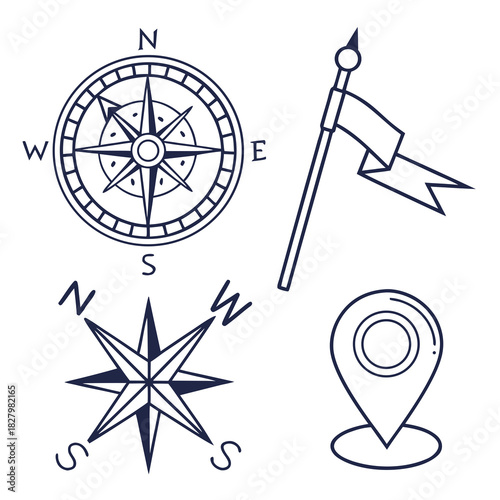 Navigation And Location Icons Set Blue Line Art compass direction
