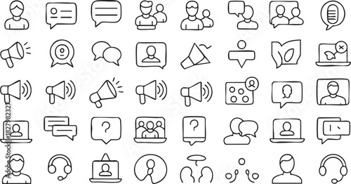Hand drawn communication and marketing icon set featuring megaphones and chat bubbles
