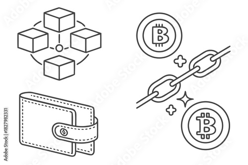 Bitcoin Blockchain and Wallet Line Art Icons on White Background cryptocurrency digital currency