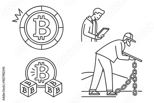 Bitcoin Mining and Digital Currency Line Art Icons cryptocurrency finance
