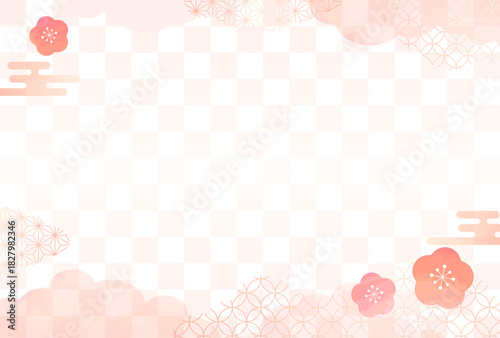 水彩風の梅と和柄　ピンク　年賀状　背景