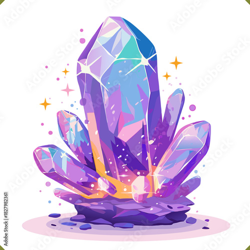 Vector illustration of a glowing blue crystal cluster with sparkles, sharp facets, isolated on a white background
