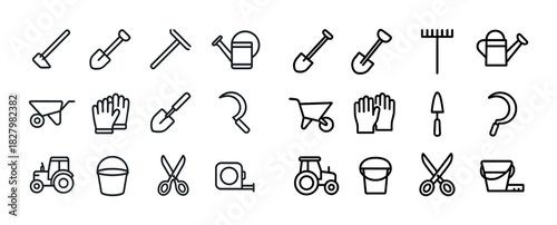 Set of gardening tool icons including shovel rake watering can and tractor