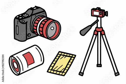 Photography equipment including camera, tripod, battery, and memory card DSLR camera accessory