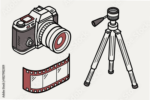 Vintage Camera Tripod and Film Strip Illustration photography
