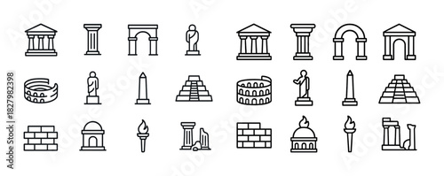 Icon set of ancient architecture and landmarks