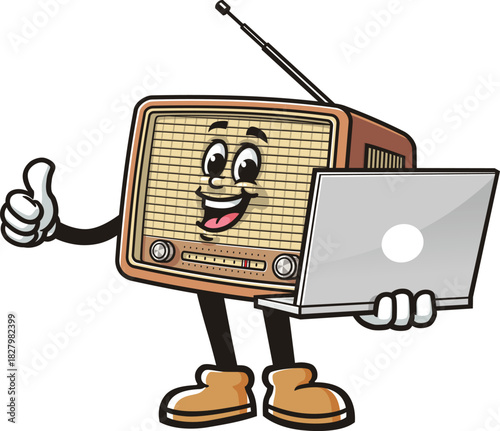 Radio mascot cartoon holding a laptop
