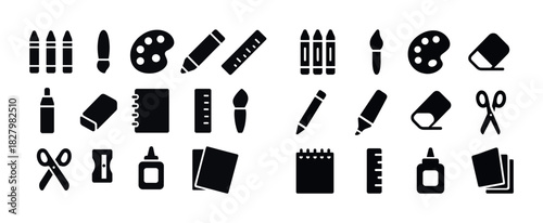 Art and stationery icon set: brushes, scissors, crayons, paint palette, glue, notebooks