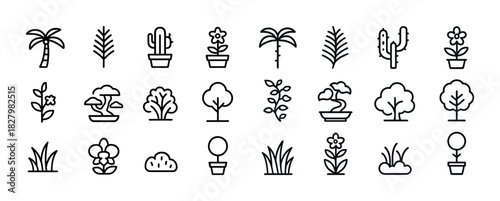 Collection of minimalist plant icons including trees and flowers