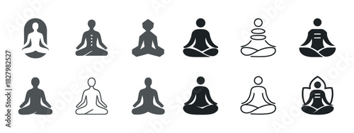 Minimalist yoga pose icons collection in black and white
