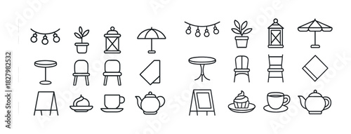 Cafe outline icons: chairs, lanterns, potted plants, teapots, cups, tables, umbrellas