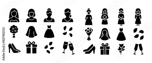 Bride and wedding icon set: dresses, hairstyles, flowers, gifts, and shoes