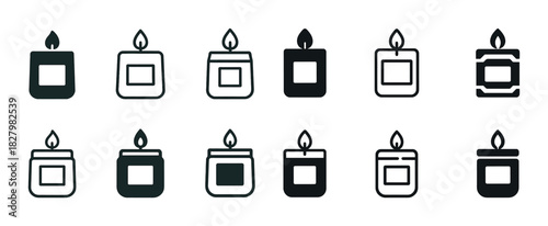 Set of twelve minimalist candle icons in various styles and designs