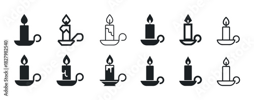 Set of twelve black candle icon variations with holders