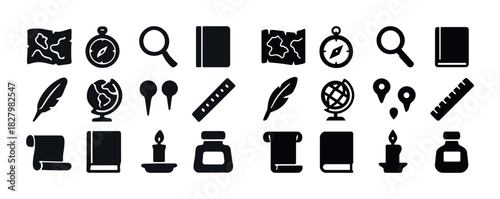 Vintage exploration icons: compass, map, globe, quill, book, inkwell, candle