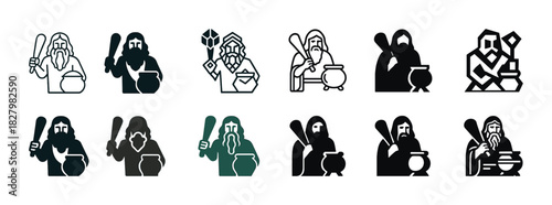 Icon set of bearded wizards with staffs and cauldrons in monochrome and color