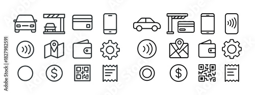 Minimalistic black and white icons for transportation and technology applications