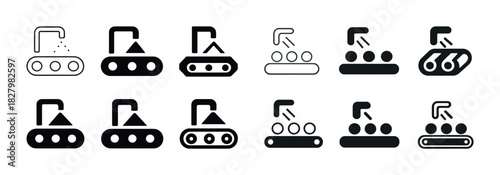 Set of conveyor belt icons with various industrial designs
