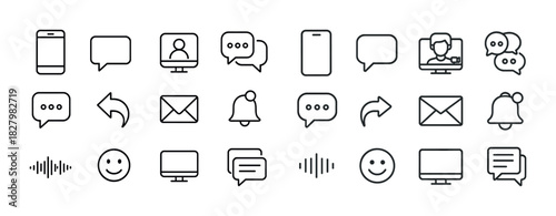 Communication icons: chat, email, notification, video call, smile emoticons