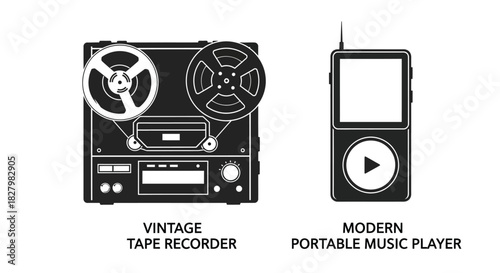 Vintage tape recorder and modern portable music player illustration in black and white