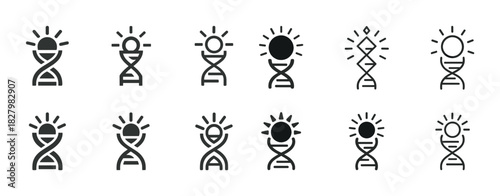 Sun and dna icon set: creative genetic symbols in black and white
