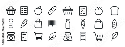 Shopping and grocery icon set: basket, list, apple, bread, cart
