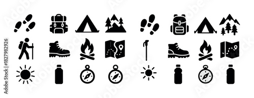 Camping and hiking icon set: footprints, backpacks, tents, and nature elements