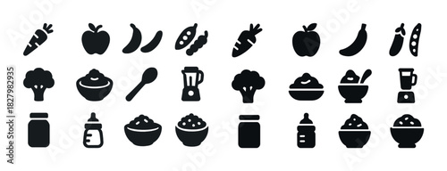 Variety of baby food and kitchen icons in black silhouette
