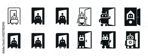 Vector graphic set: robots entering and exiting doors in various styles