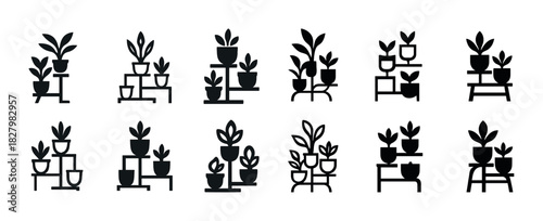 Set of twelve black plant stand silhouettes with potted plants