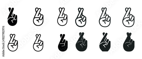 Diverse finger crossing gesture icons in various styles and shades