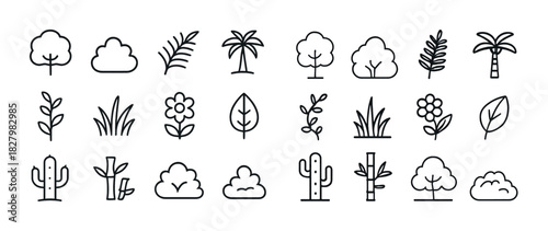 Minimalist nature icons: trees, plants, flowers, leaves collection