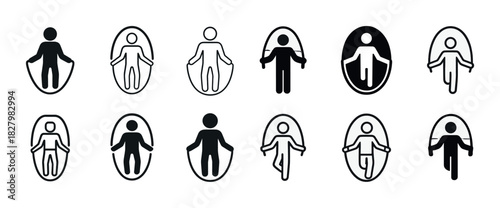 Minimalist jump rope icon set in black and white