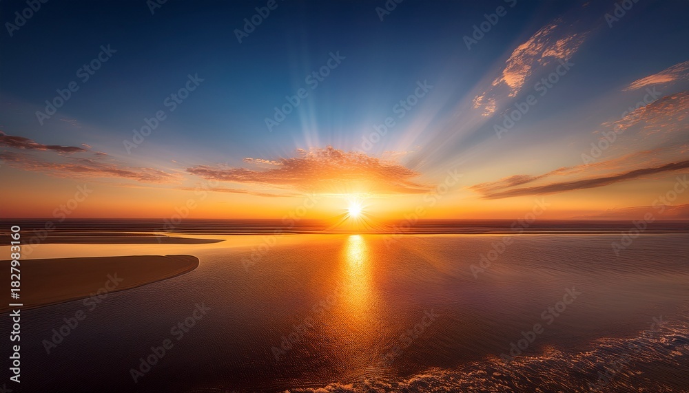 Fototapeta premium The Radiant Sun Descends Casting A Warm Golden Glow Across The Expansive Sky Illuminating The Distant Horizon With A Breathtaking Display Of Vibrant Colors Creating A Serene Atmosphere
