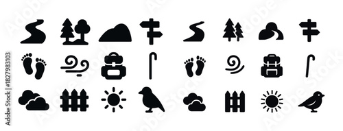Nature and hiking icons: paths, trees, mountains, signs, sun, clouds, birds