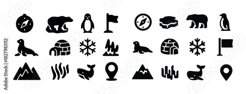 Arctic icons collection: compass, polar bear, penguin, igloo, whale, mountains