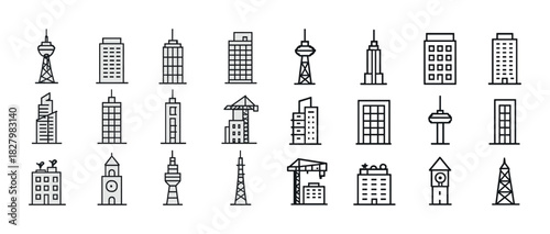 Collection of iconic urban buildings in minimalist black line art style