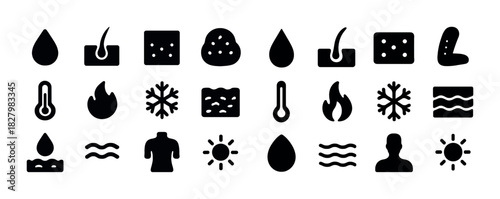 Weather and skin condition icons: temperature, moisture, health symbols
