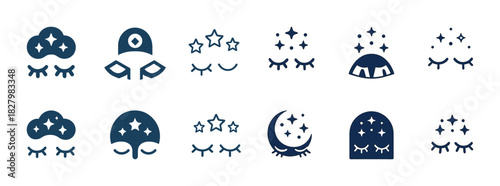 Set of cosmic-themed abstract eye icons with stars and moons