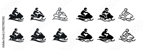 Snowmobile icons: black and white vector silhouettes in various styles