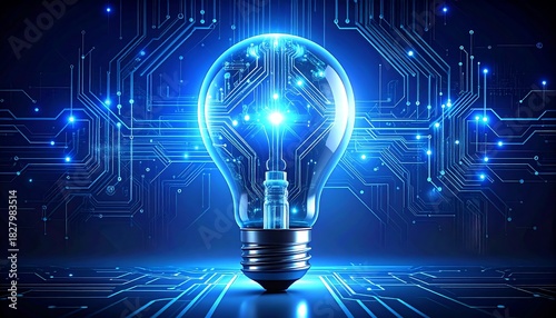 Digital lightbulb with circuitry glowing blue against a tech backdrop