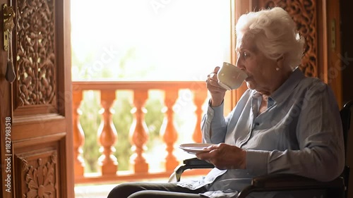 Serene elderly caucasian woman in a wheelchair sips tea from a white teacup, gazing through a carved doorway to a sunlit balcony with blurred bokeh. Wisdom of old age