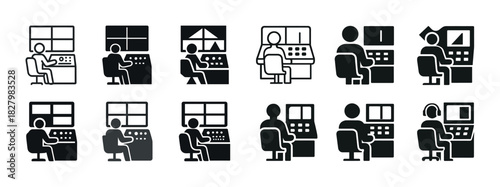 Set of control room operator icons: diverse monitoring and management illustrations