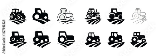 Set of tractor icons on farm fields in black and white designs