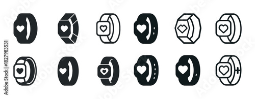 Set of smartwatch heart rate icon designs in black and white