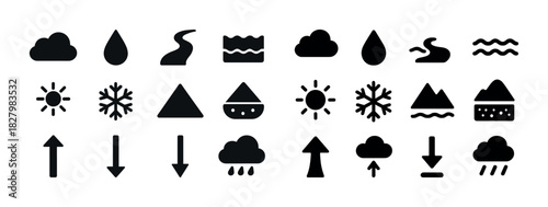 Weather and nature icons collection: clouds, sun, rain, snow, mountains, arrow indicators