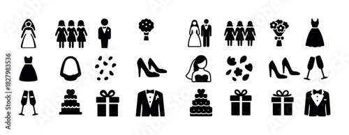 Wedding icon set: bride groom bouquet cake dress shoes gifts celebration